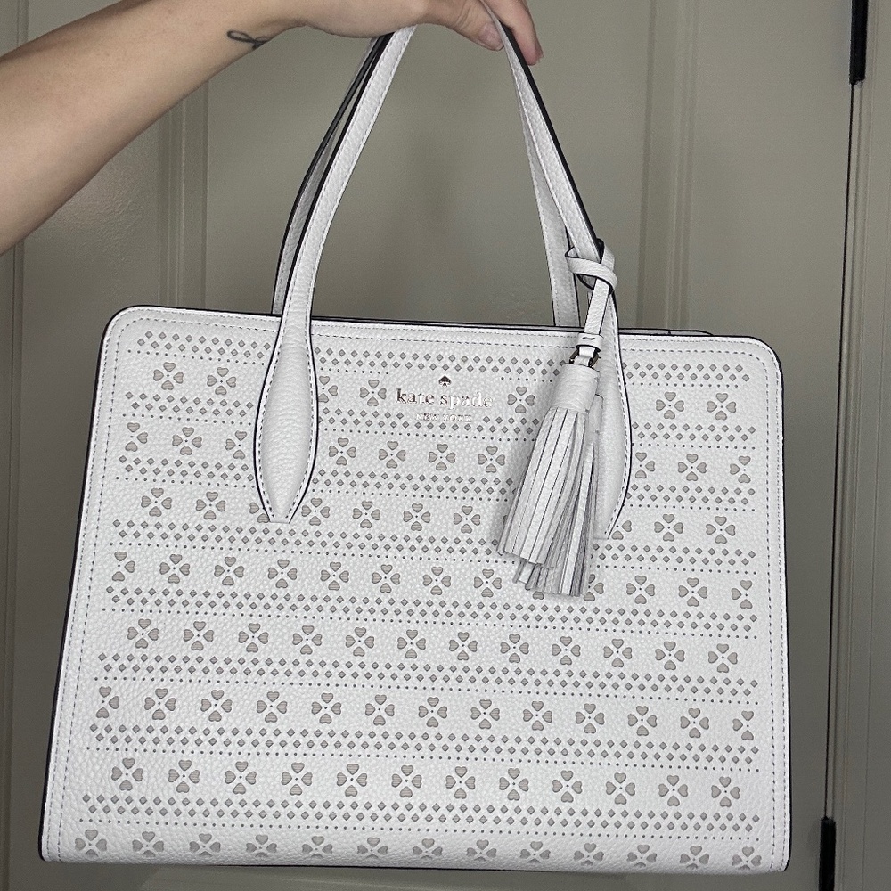 Kate Spade Rowe Perforated Top Zip Satchel - White Dove